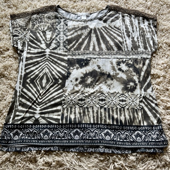 Christopher & Banks African Tie Dye with Animal Print Lace Sleeved Blouse - Picture 2 of 8